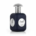Al Ameed Lattafa edp dark blue fragrance cologne white background closeup front view