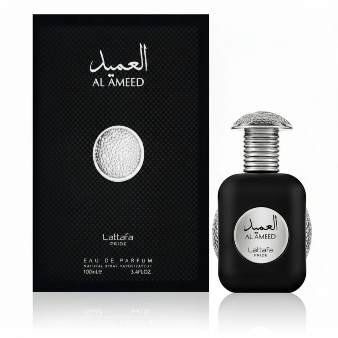 Al Ameed Lattafa edp black matte cologne silver cap white background packaging