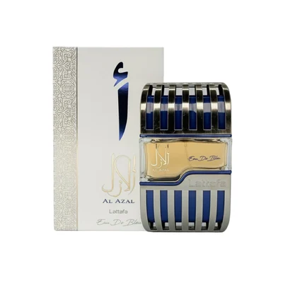 Al Azal Lattafa edp men fragrance blue silver packaging white background