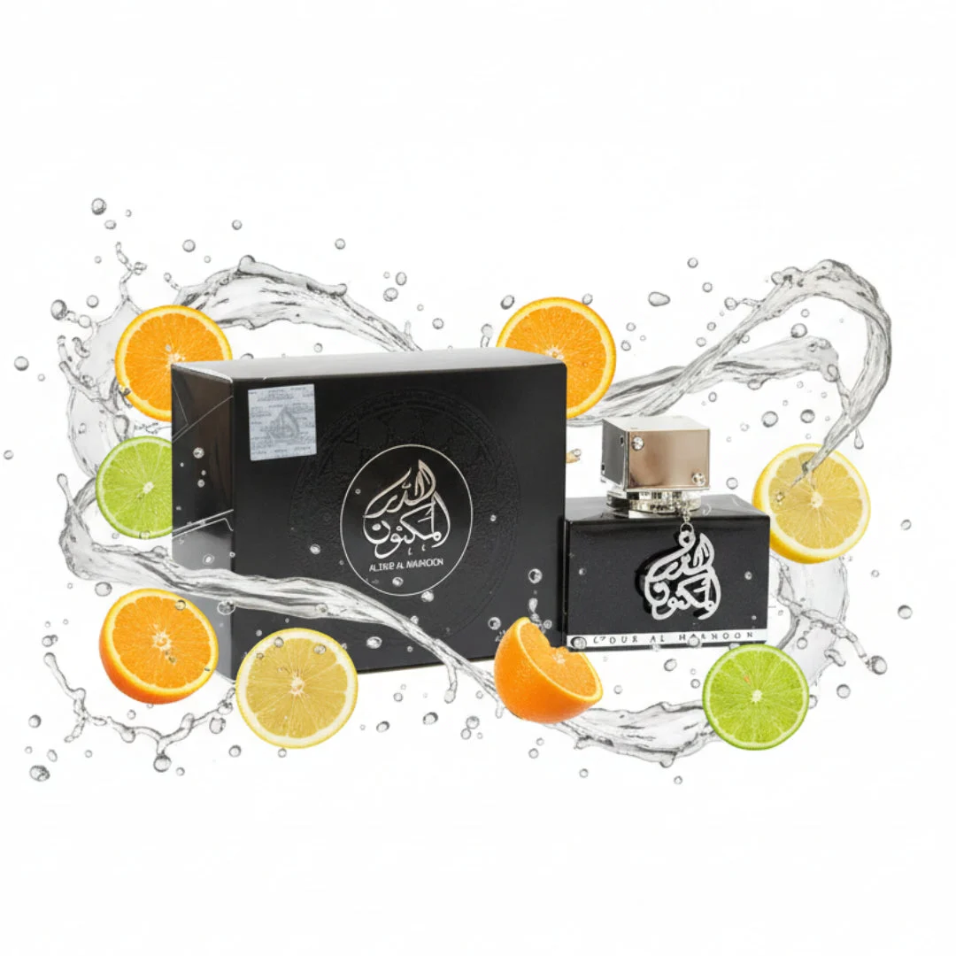 Al Dur Al Maknoon Silver Lattafa edp surrounded fruits water splash closeup
