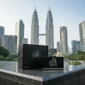 Al Dur Al Maknoon Silver Lattafa edp on stone ledge kuala lumpur cityscape skyline