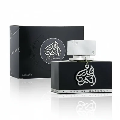 Al Dur Al Maknoon Silver Lattafa edp black box bottle white reflective background