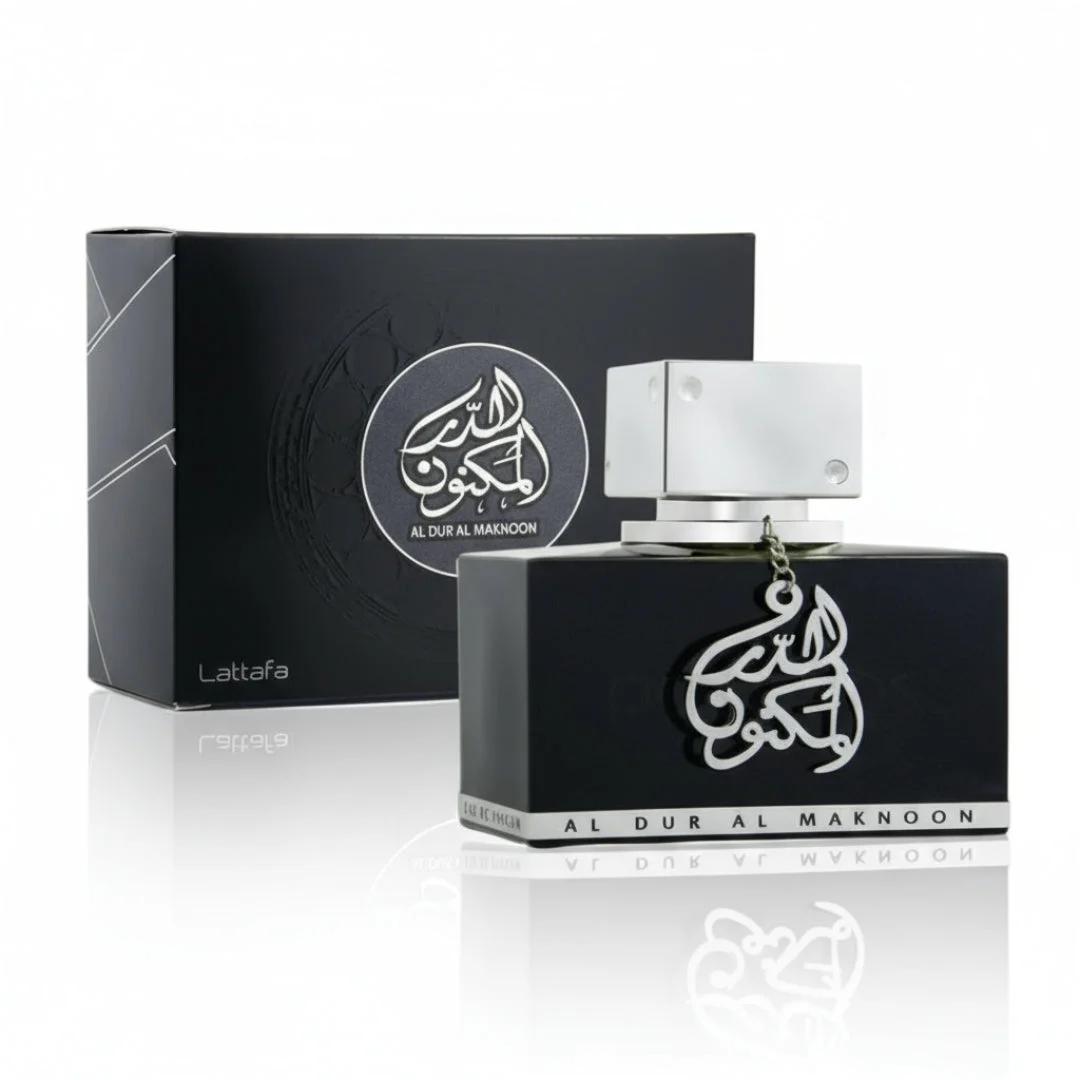Al Dur Al Maknoon Silver Lattafa edp black box bottle white reflective background