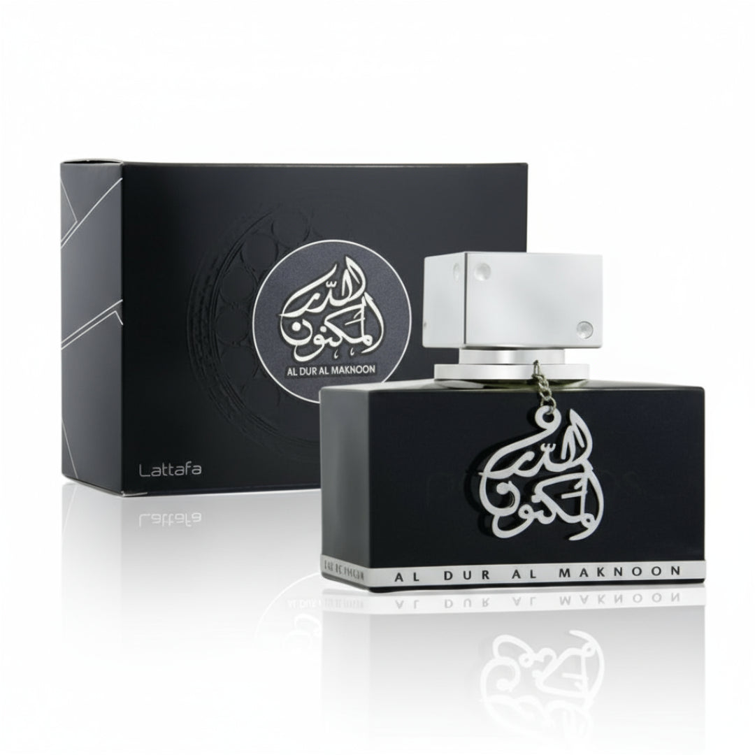 Al Dur Al Maknoon Silver Lattafa edp black box bottle white reflective background