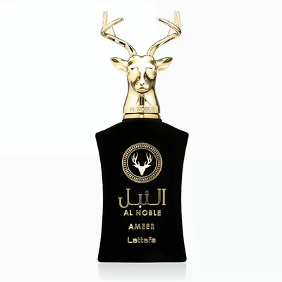 Al Noble Ameer Lattafa black gold deer head stopper edp men bottle side view