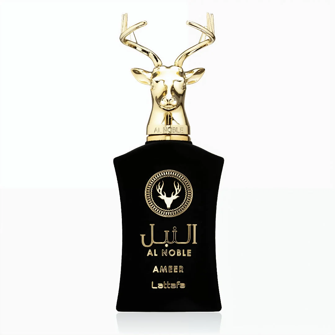 Al Noble Ameer Lattafa black gold deer head stopper edp men bottle side view