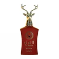 Al Noble Wazeer Lattafa red cologne deer head shaped cap white background