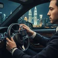 Man holding Al Ameed Lattafa edp in car at night city view