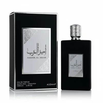 Ameer Al Arab Asdaaf edp black rectangular packaging beside bottle spray