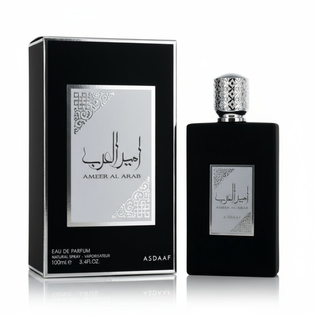 Ameer Al Arab Asdaaf edp black rectangular packaging beside bottle spray