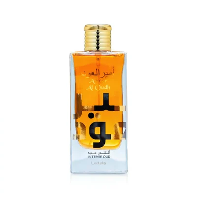 Ameer Al Oudh Intense Lattafa edp golden cap glass clear rectangular bottle