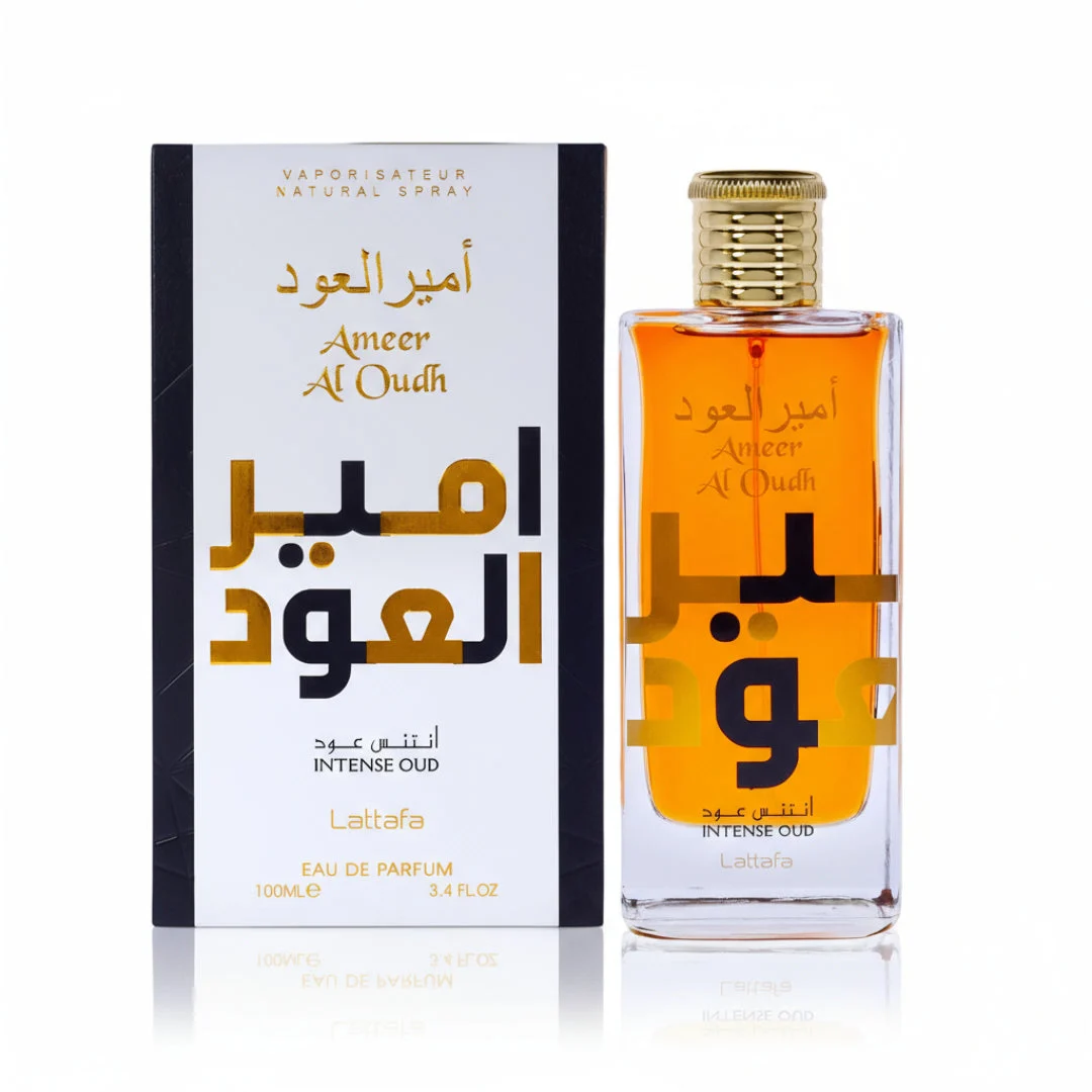 Ameer Al Oudh Intense Lattafa edp glass bottle gold cap white background packaging