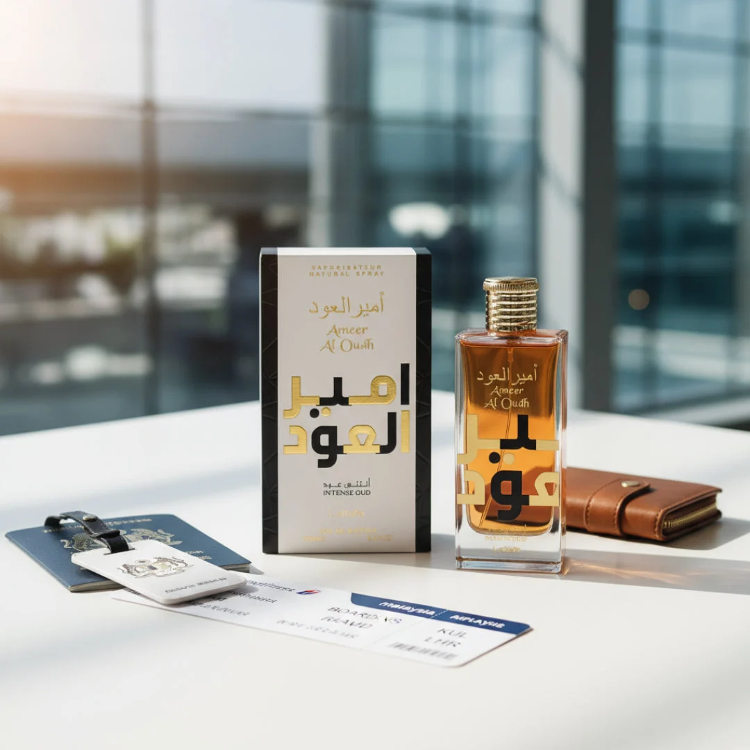 Ameer Al Oudh Intense Lattafa edp on table next passport travel documents wallet