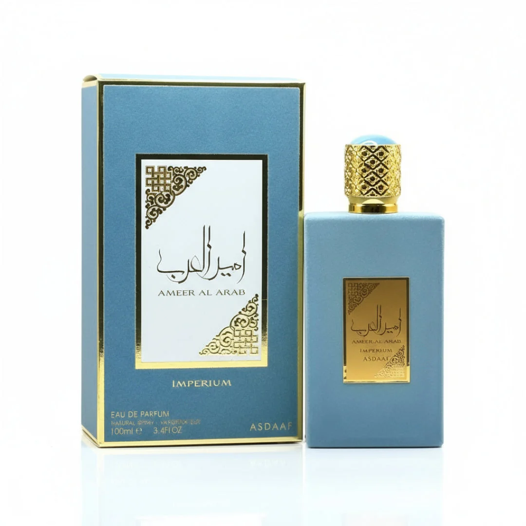 Ameer Al Arab Imperium Asdaaf edp men blue packaging white background closeup