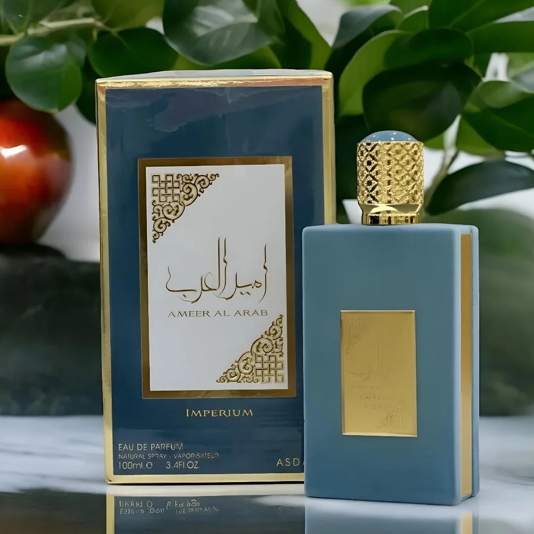 Ameer Al Arab Imperium Asdaaf edp men blue matte gold cap packaging closeup