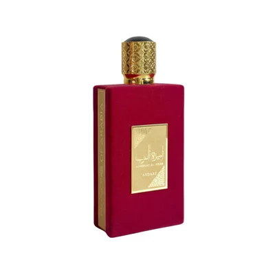 Ameerat Al Arab Lattafa women red velvet case gold cap closeup front side