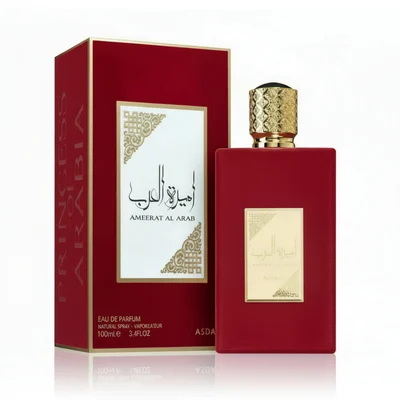 Ameerat Al Arab Lattafa women red fragrance packaging white background closeup