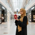 Woman in hijab holding Ameerat Al Arab Lattafa red perfume bottle smiling indoors mall
