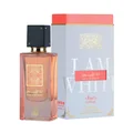 Ana Abiyedh Coral Lattafa edp pink liquid glass bottle next grey packaging box