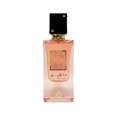 Ana Abiyedh Coral Lattafa edp pink liquid glass sprayer white background closeup