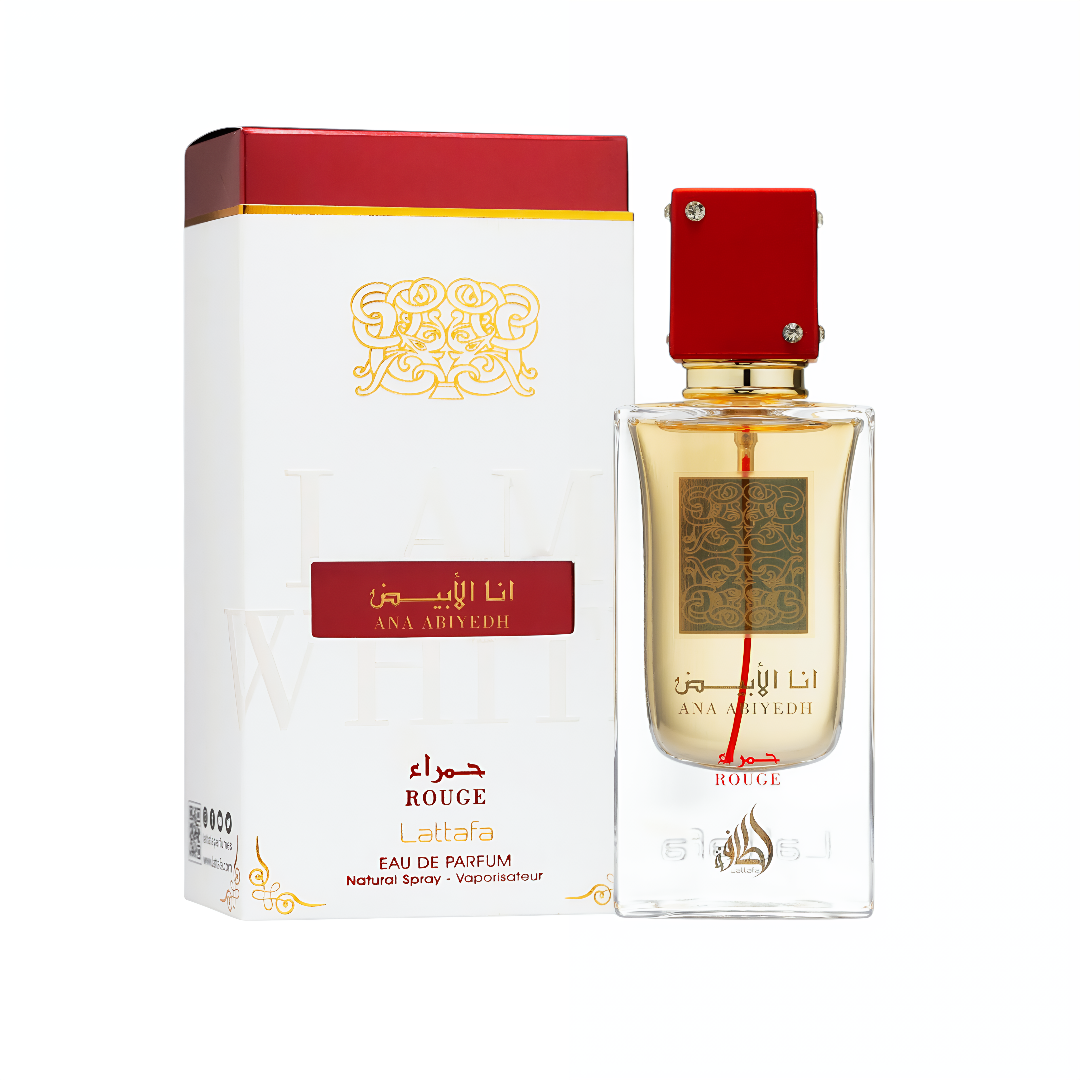 Ana Abiyedh Rouge Lattafa edp glass sprayer red cap beside white packaging box