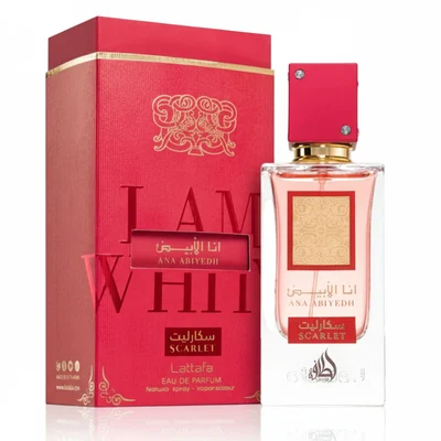 Ana Abiyedh Scarlet Lattafa edp women red packaging next clear glass bottles white