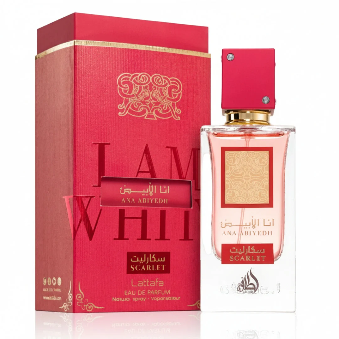Ana Abiyedh Scarlet Lattafa edp women red packaging next clear glass bottles white