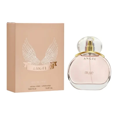 Angel LaMuse Lattafa perfume botol dan kotak warna pastel gold cap