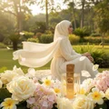 Angham Lattafa edp surrounded roses garden woman in hijab white dress sitting