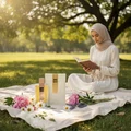 Woman in hijab reading book next Angham Lattafa edp bottles flowers park