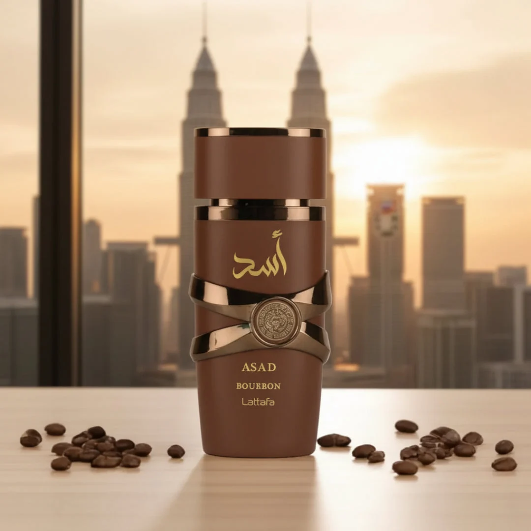 Asad Bourbon Lattafa brown fragrance on table coffee beans city view sunset golden