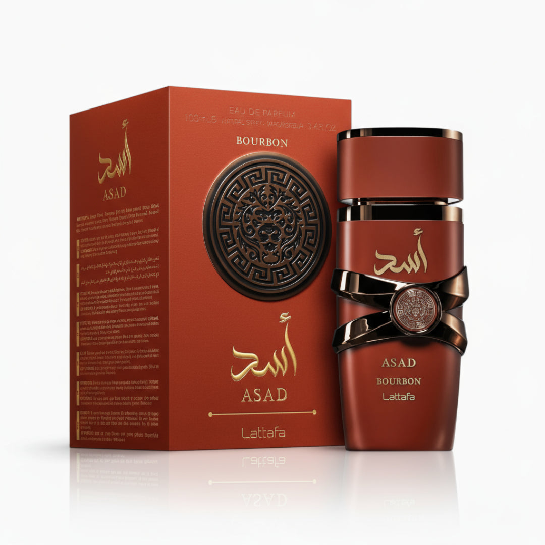 Asad Bourbon Lattafa perfume pembungkusan merah latar putih botol coklat sudut sisi