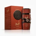 Asad Bourbon Lattafa perfume red packaging white background brown glass bottle side view