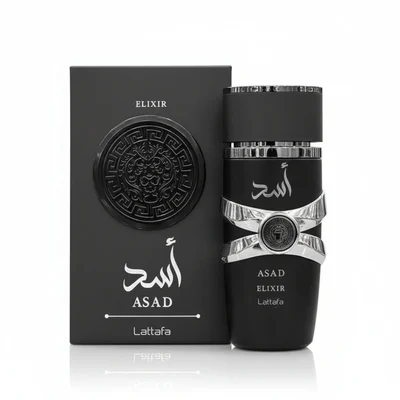 Asad Elixir Lattafa perfume bottle next black box white background silver accents