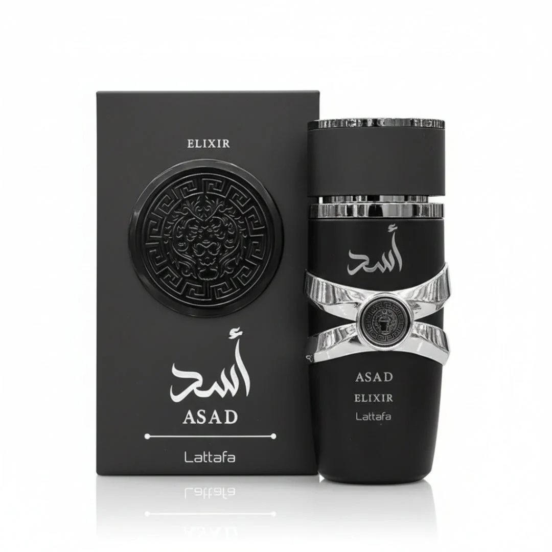 Asad Elixir Lattafa perfume bottle next black box white background silver accents
