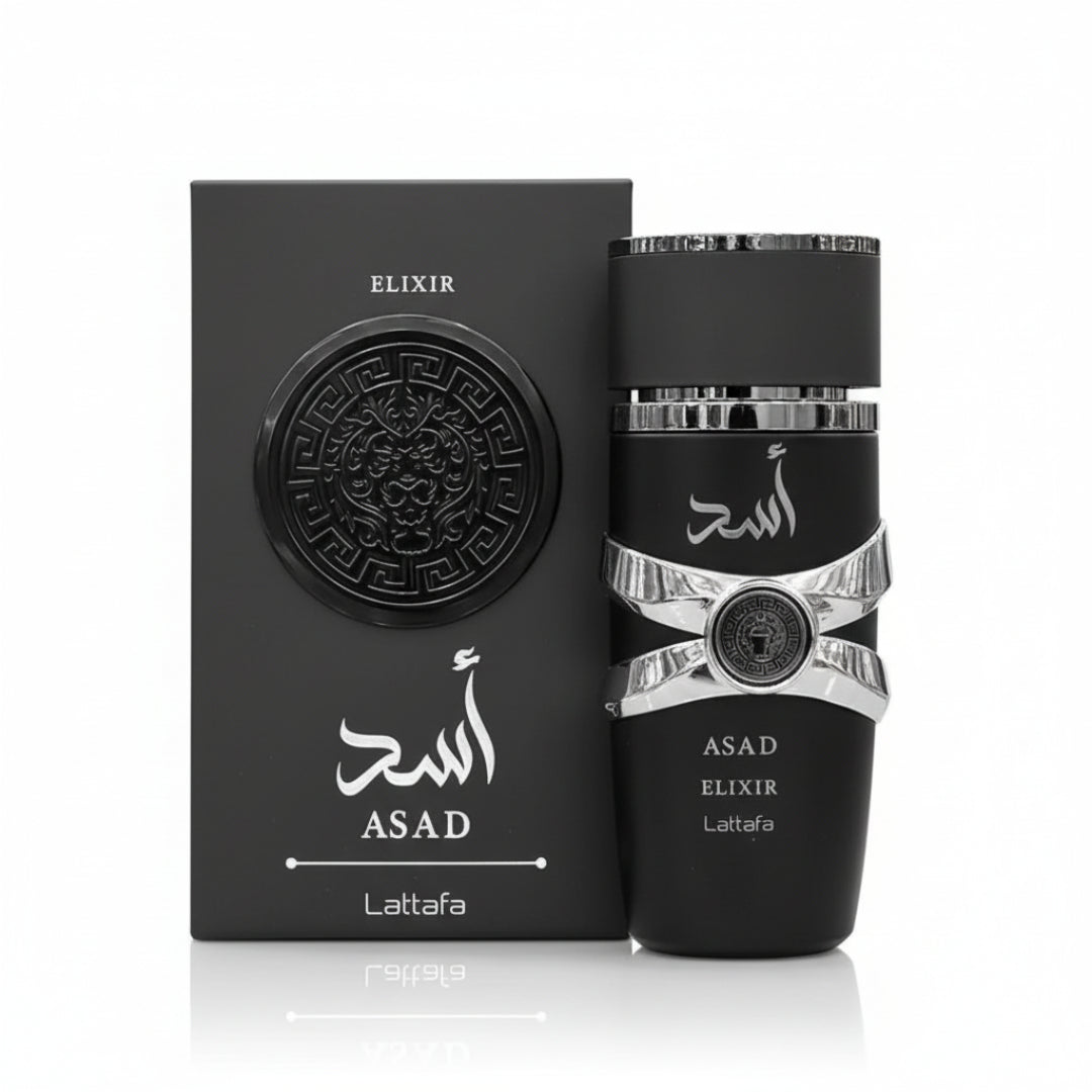 Asad Elixir Lattafa perfume botol sebelah kotak hitam, latar putih mewah perak