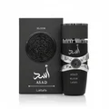 Asad Elixir Lattafa perfume bottle next black box white background silver accents