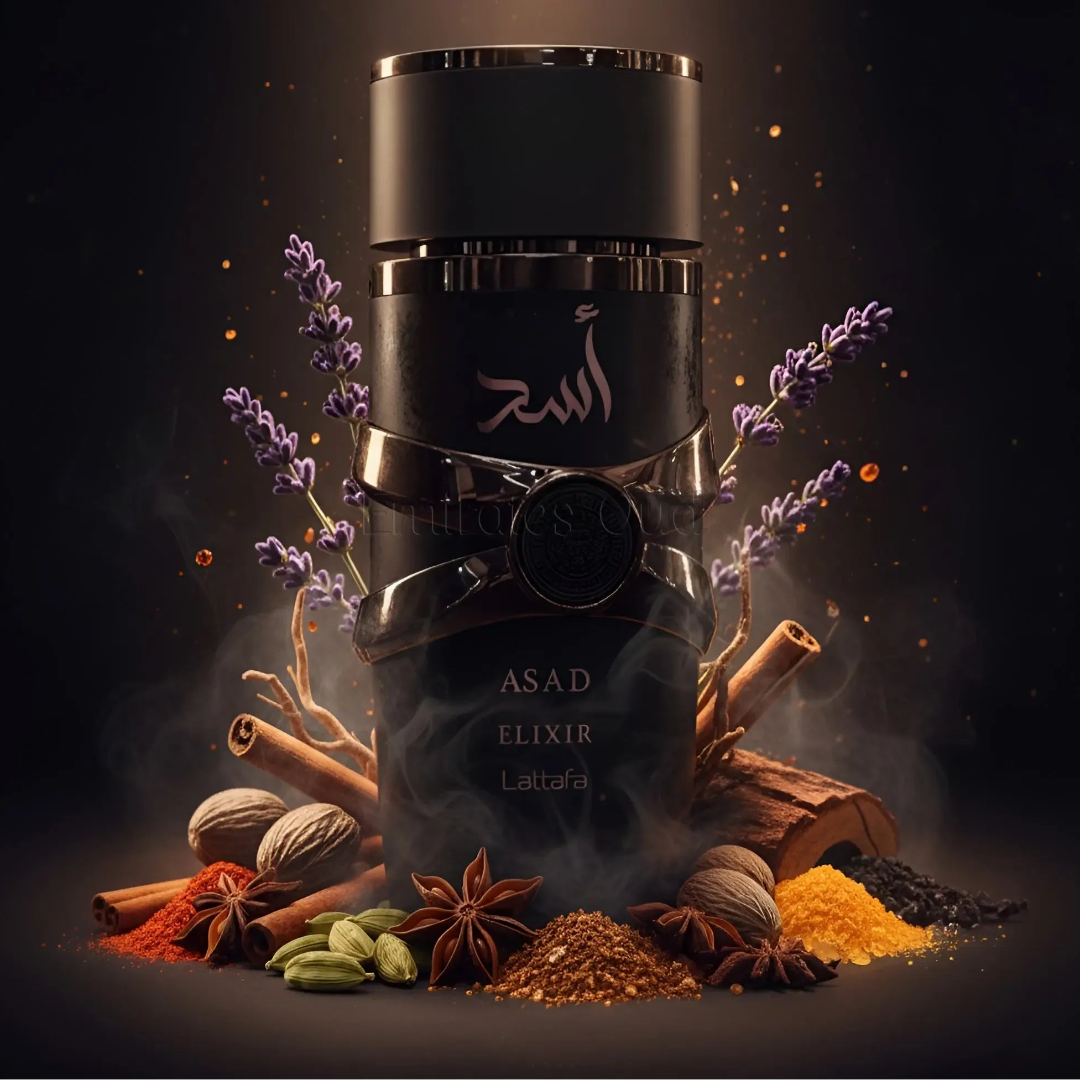 Asad Elixir Lattafa black cylindrical surrounded spices lavender dark background closeup