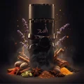 Asad Elixir Lattafa black cylindrical surrounded spices lavender dark background closeup