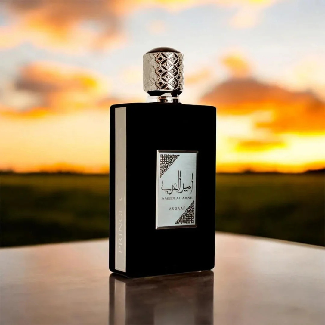 Ameer Al Arab Asdaaf men fragrance black packaging on table outdoors sunset