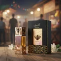 Atheeri Lattafa women fragrance honeycomb packaging wooden table outdoors night market