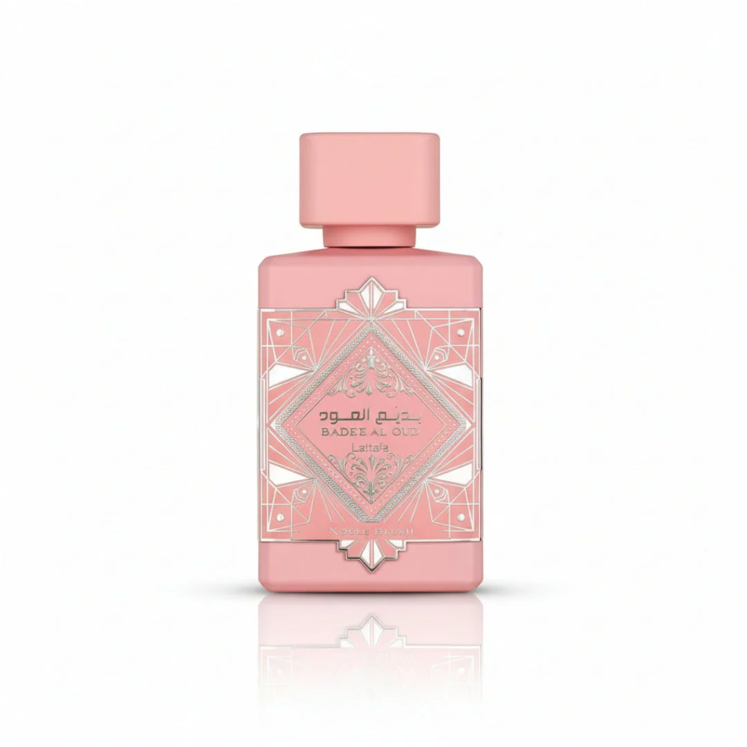 Badee Al Oud Noble Blush Lattafa pink fragrance elegant closeup front bottled