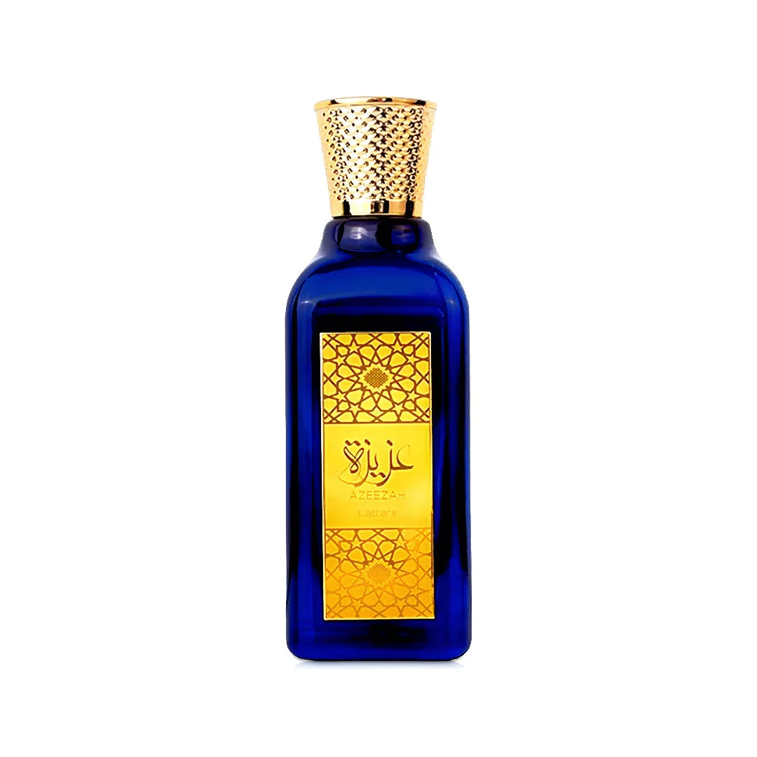 Azeezah Lattafa gold cap dark blue glass bottle fragrance