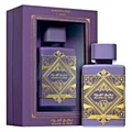 Badee Al Oud Amethyst Lattafa purple packaging white background setting closeup