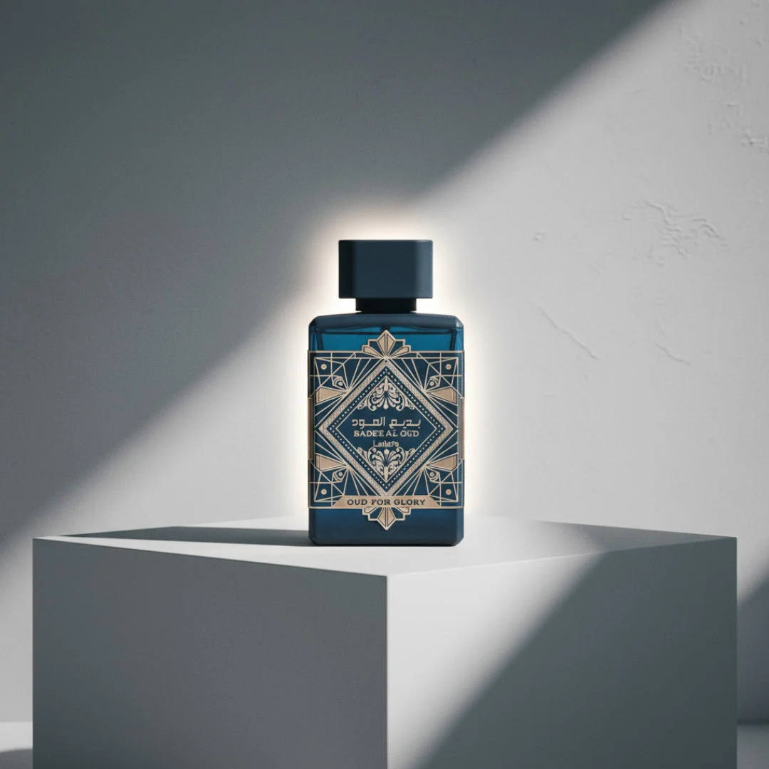 Badee Al Oud for Glory Lattafa edp blue glass packaging on white block display