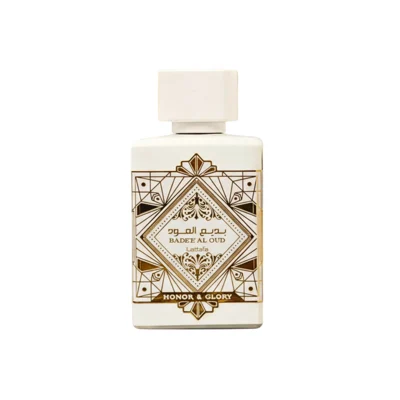 Badee Al Oud Honor Glory Lattafa botol kaca putih emas classy dekat