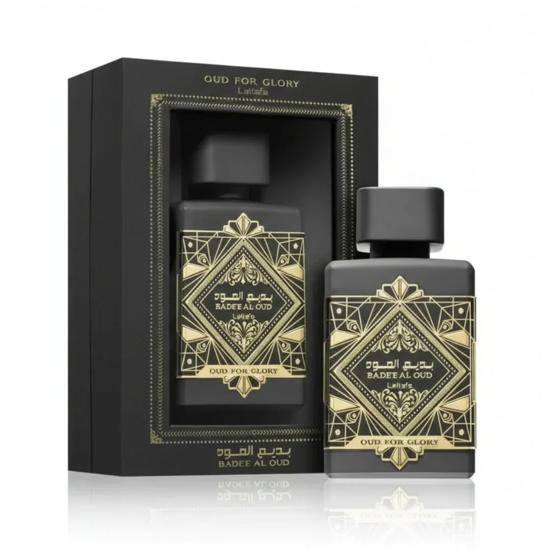 Badee Al Oud for Glory Lattafa black bottles gold decorated boxes white background