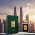 Ejaazi Lattafa green gift box clear glass fragrance urban skyline view smoke