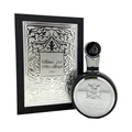 Fakhar Silver Lattafa edp men sleek black glass round packaging closeup