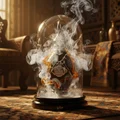 Hala Lattafa edp surrounded smoke in glass dome on table closeup low light